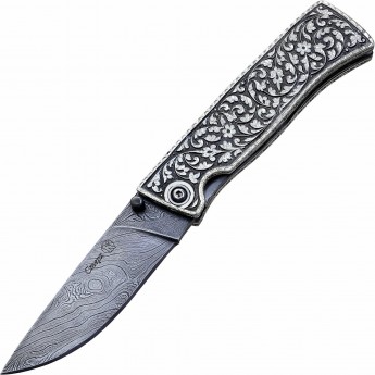 Нож складной КИЗЛЯР СТЕРХ сталь Дамаск рукоять серебро Кубачи глубокая резьба